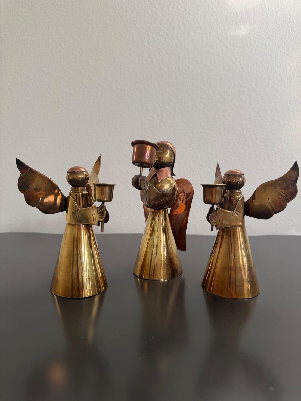 Vintage Brass Copper Angel Candlestick Holders, Mixed Metal Holiday Candlesticks